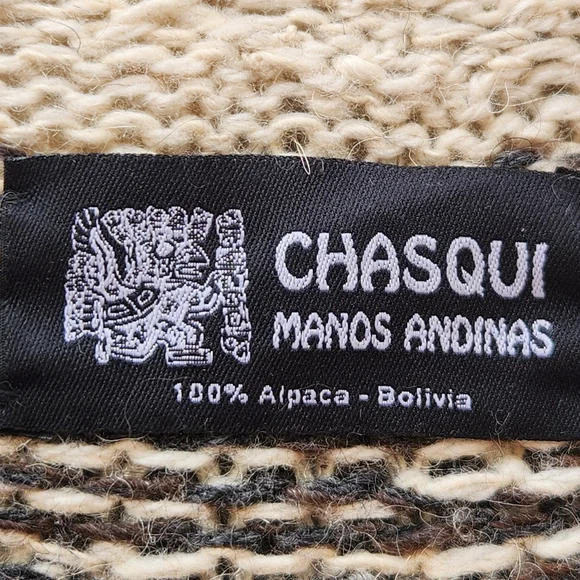 CHASQUI Women's Hoodie Medium Beige Black 100% Alpaca Handmade Aztec Cardigan - Picture 4 of 10